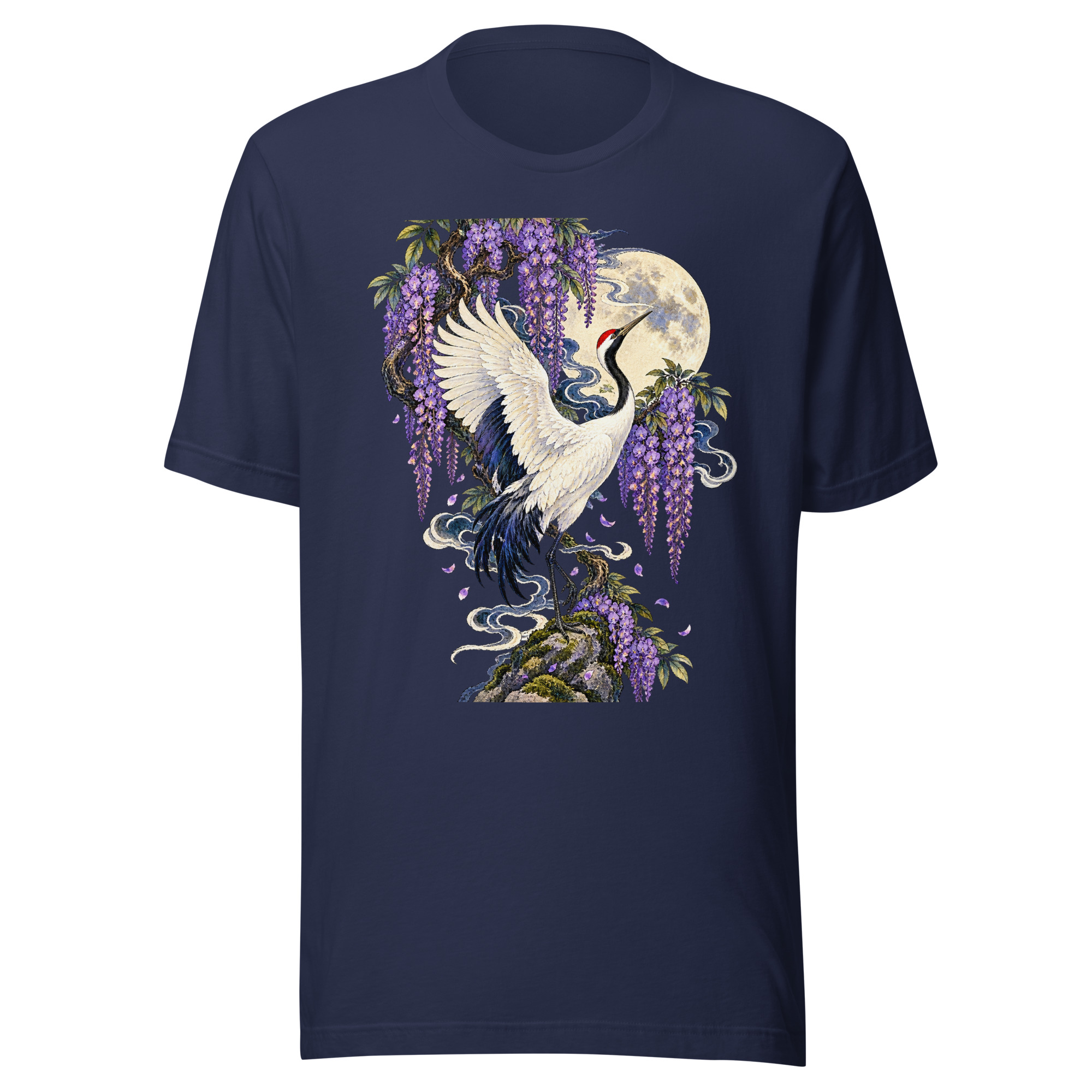 Crane Wisteria Full Moon Japanese Art T-Shirt - Image 2
