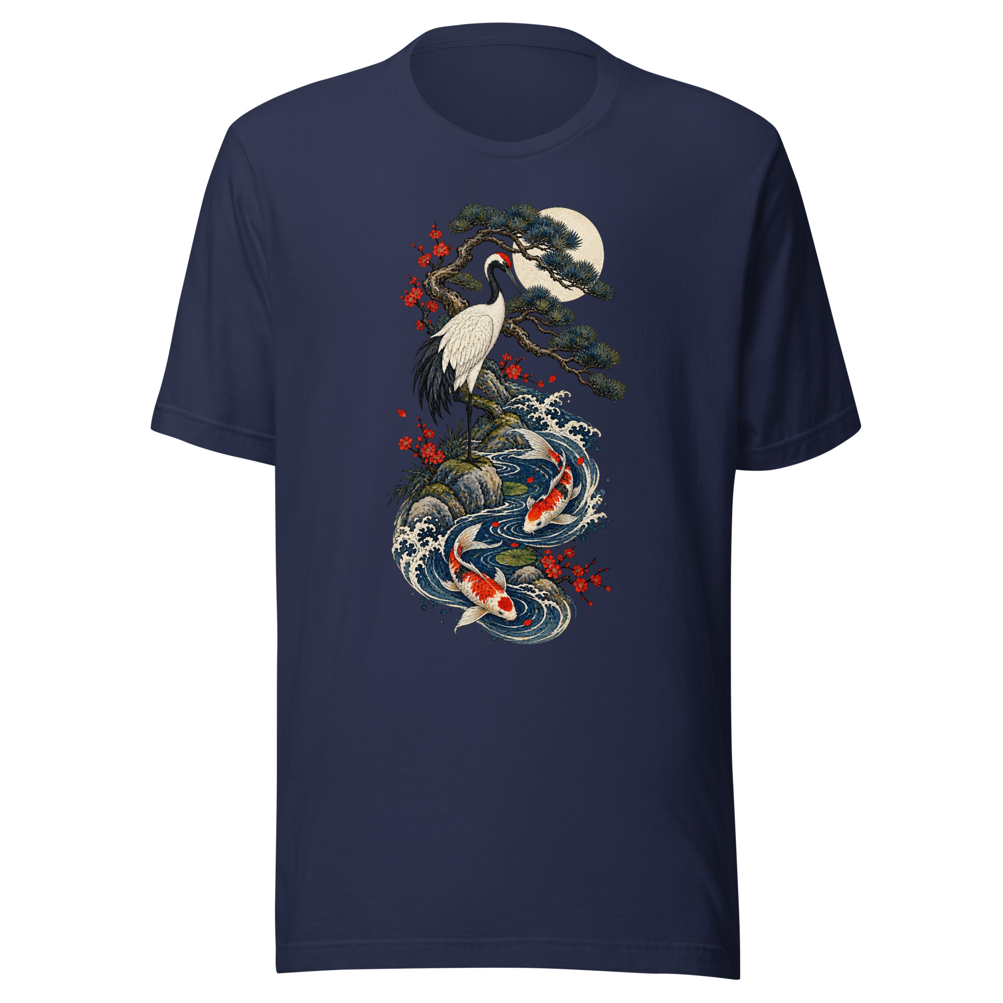 Crane Pine Koi Garden Japanese Woodblock Art T-Shirt - Image 2