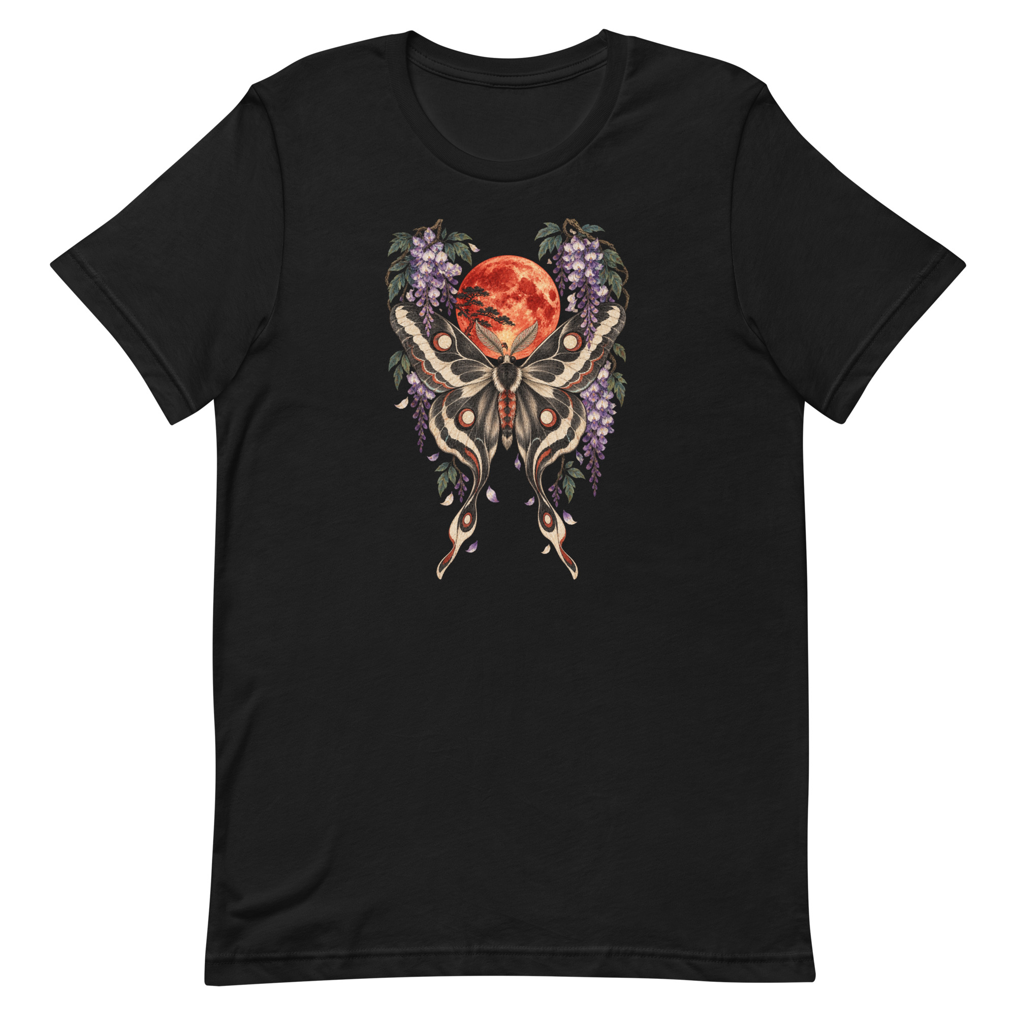 Japanese Moth Red Moon Wisteria Ukiyo-e Art T-Shirt - Image 80
