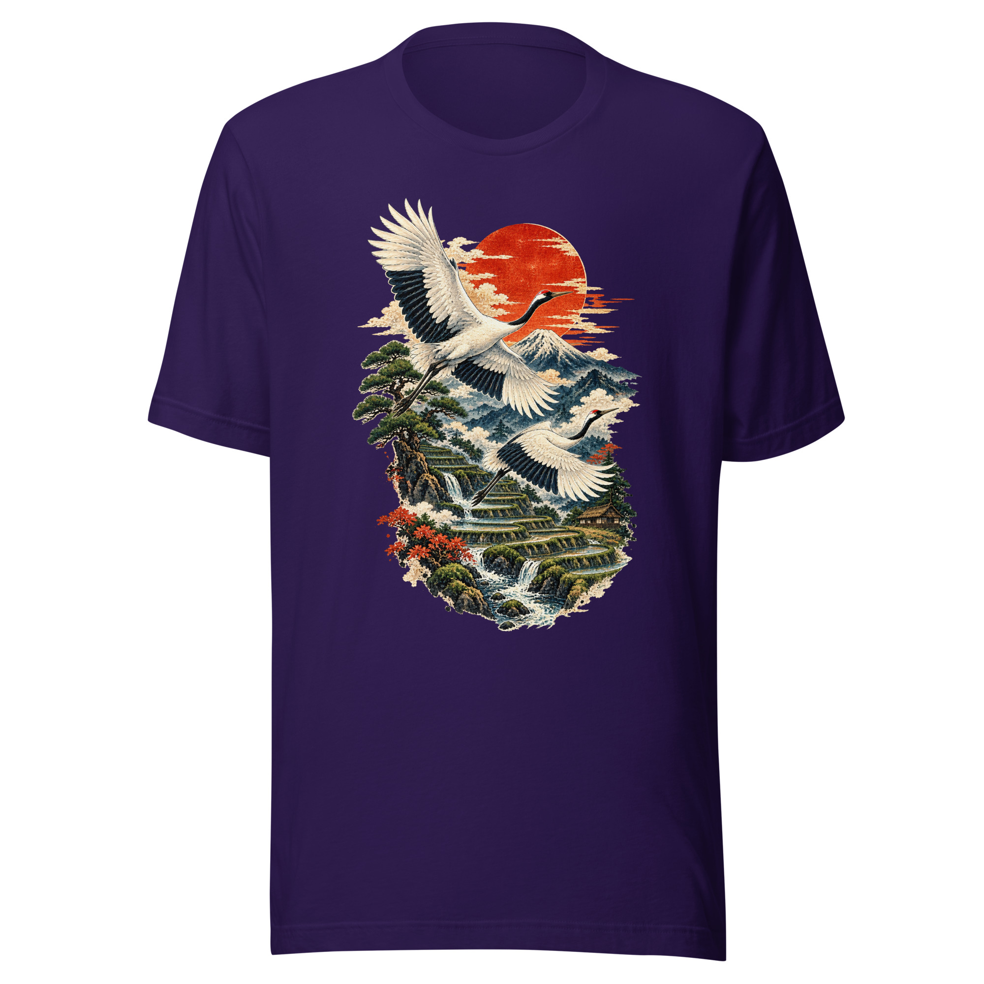 Two Cranes Red Sun Rice Terrace Japanese Art T-Shirt - Image 5