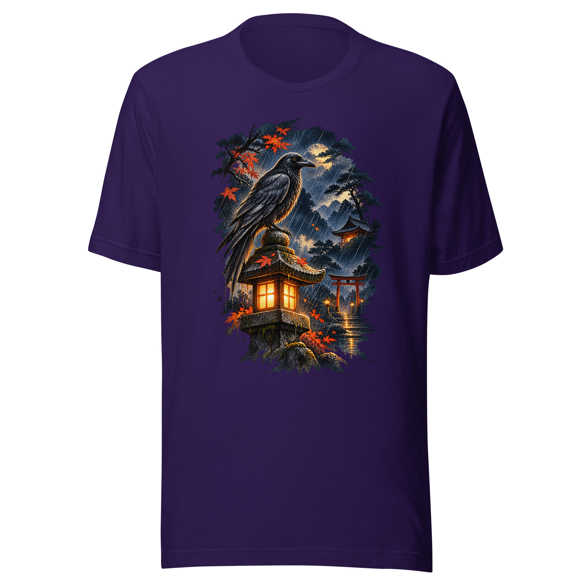 Raven Rain Lantern Shrine Japanese Ink Art T-Shirt - Image 5