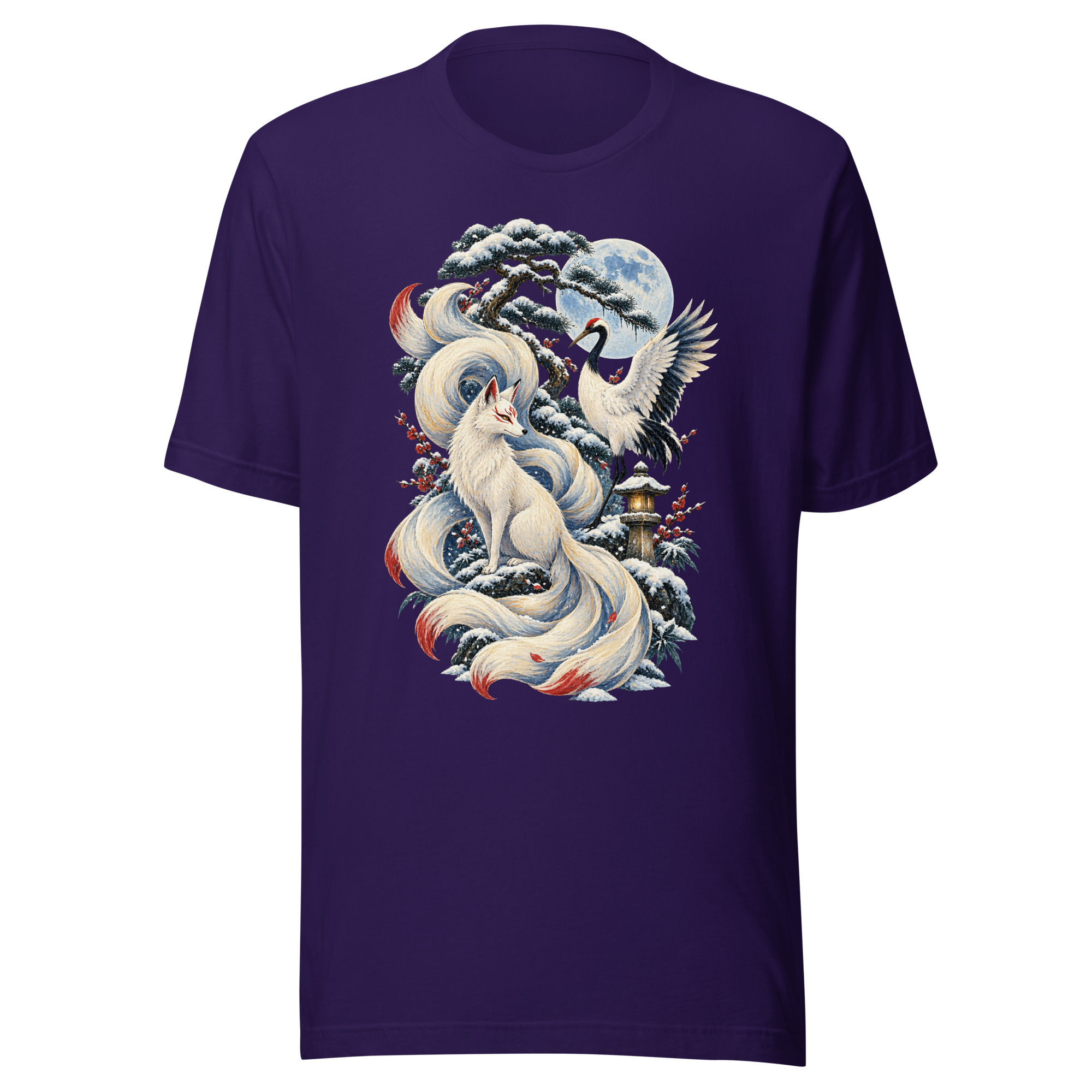 Kitsune Winter Crane Garden Japanese Folklore T-Shirt - Image 5