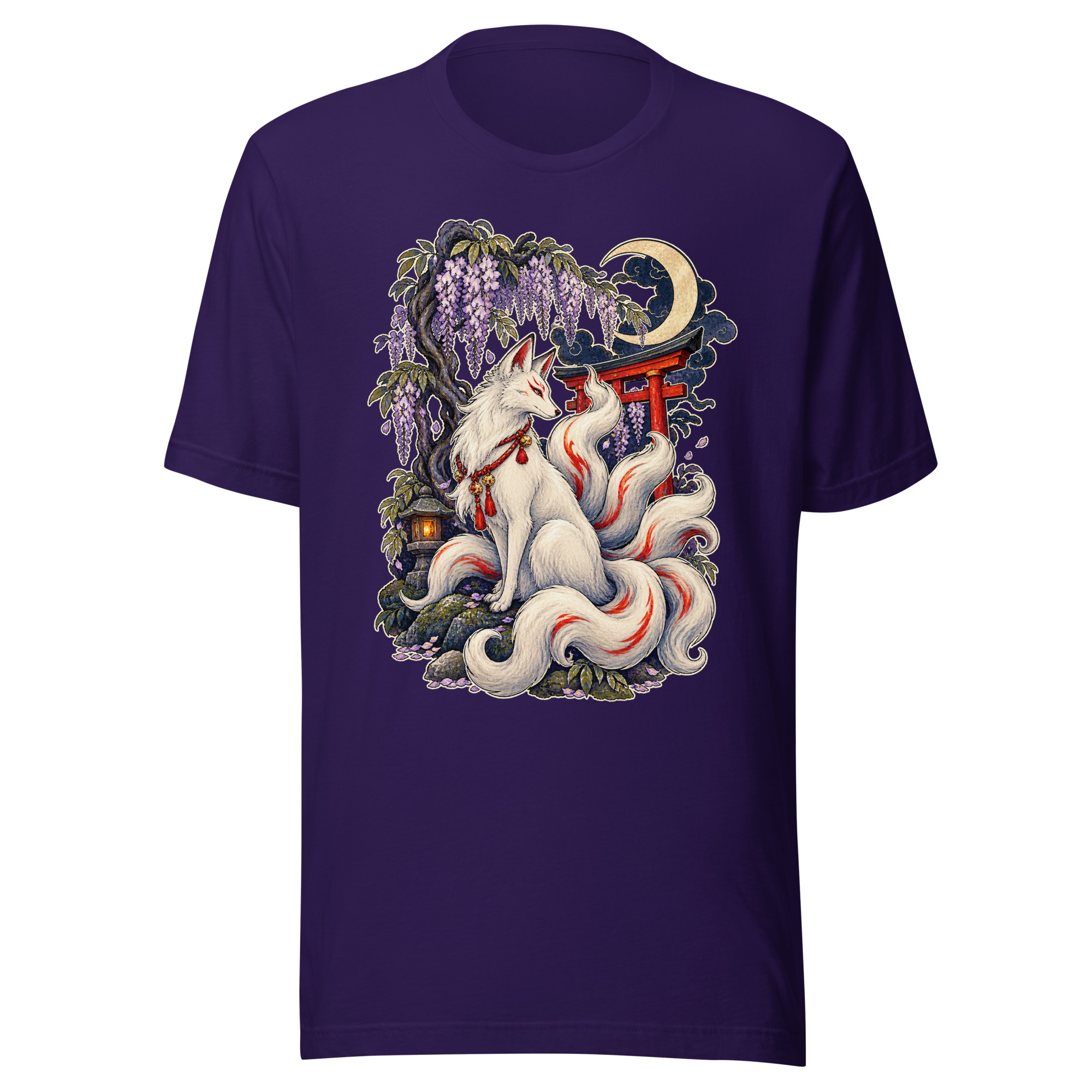 White Kitsune Wisteria Shrine Japanese Fox Spirit T-Shirt - Image 5