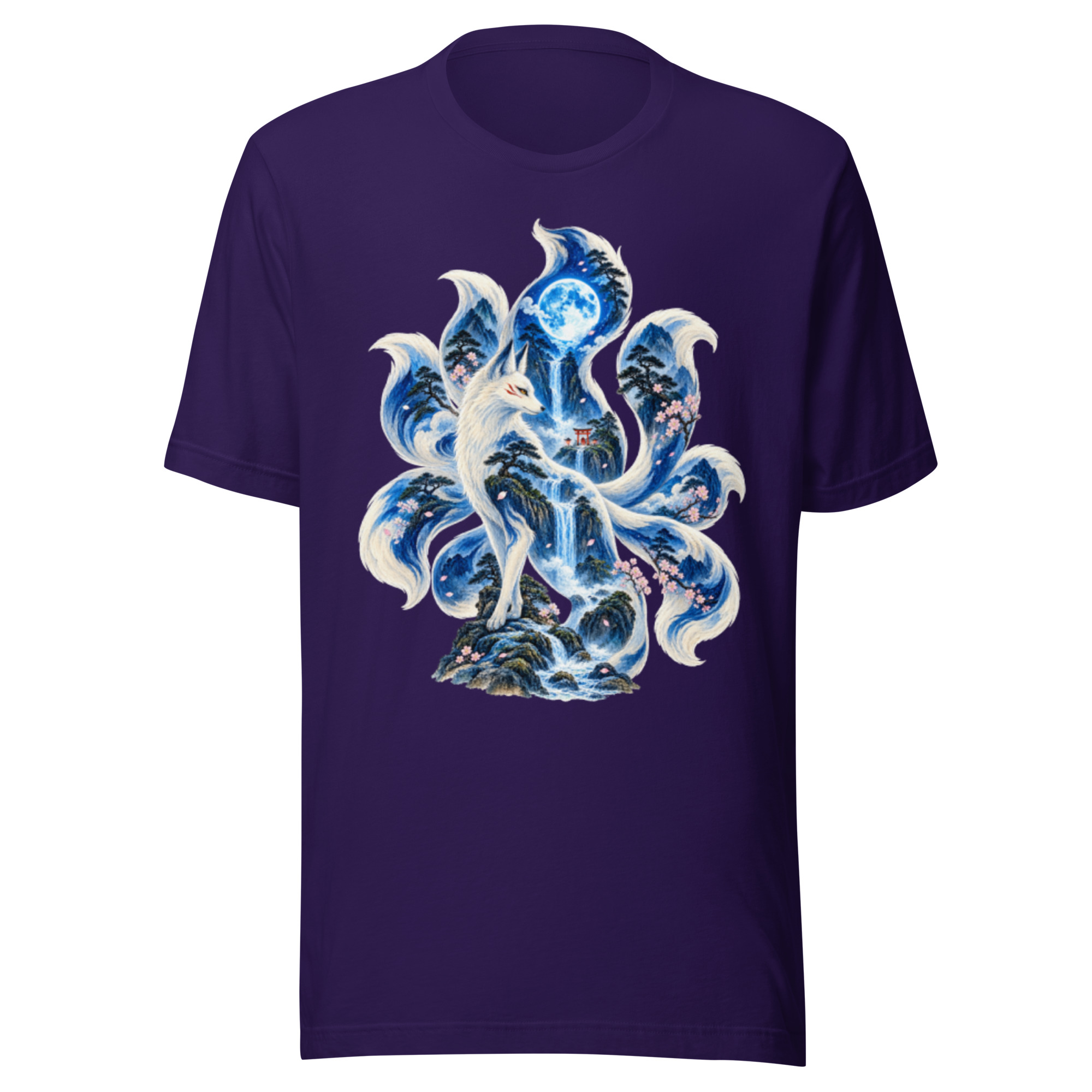 Nine Tailed Fox Blue Moon Waterfall Japanese Yokai T-Shirt - Image 5