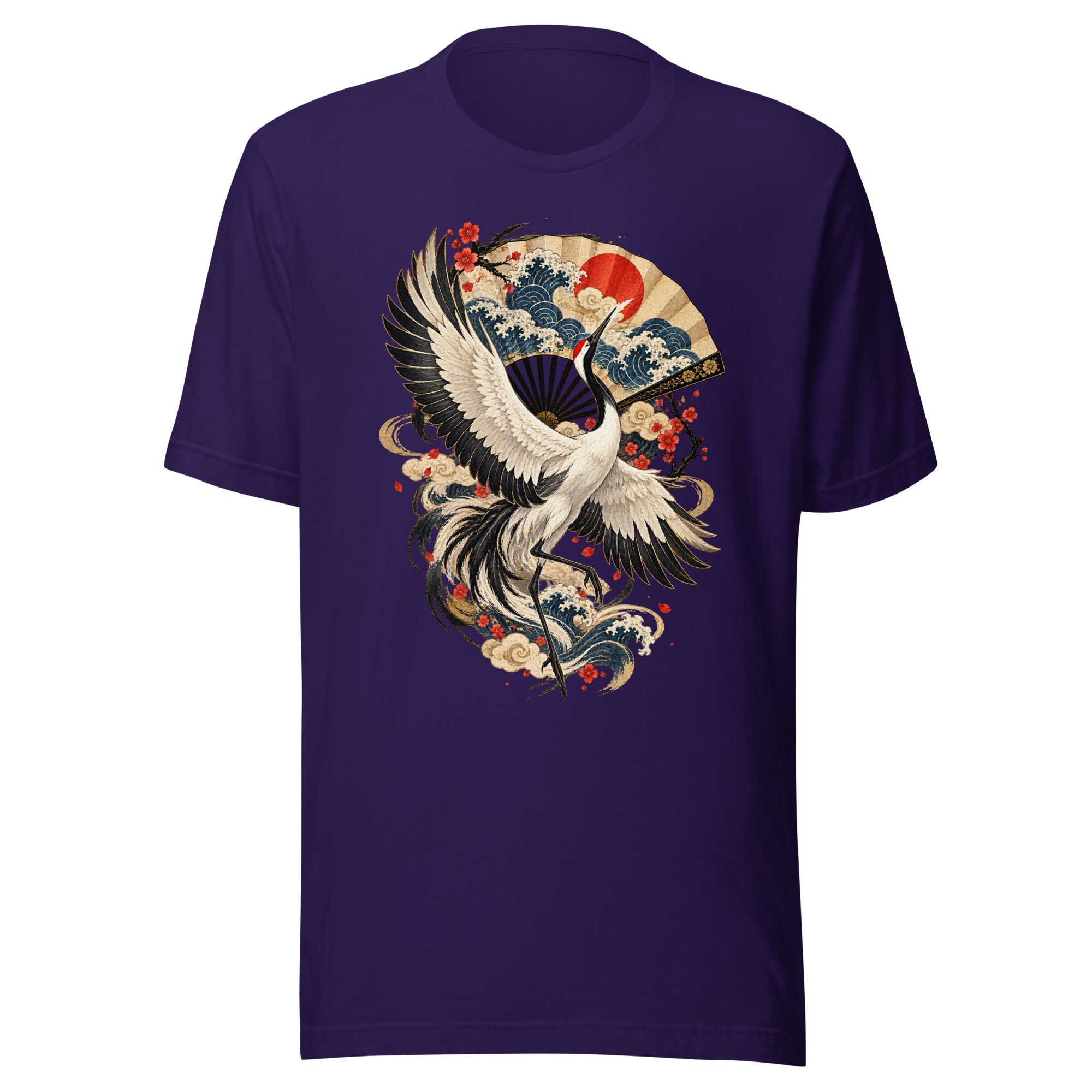 Crane Folding Fan Dance Japanese Woodblock Art T-Shirt - Image 5