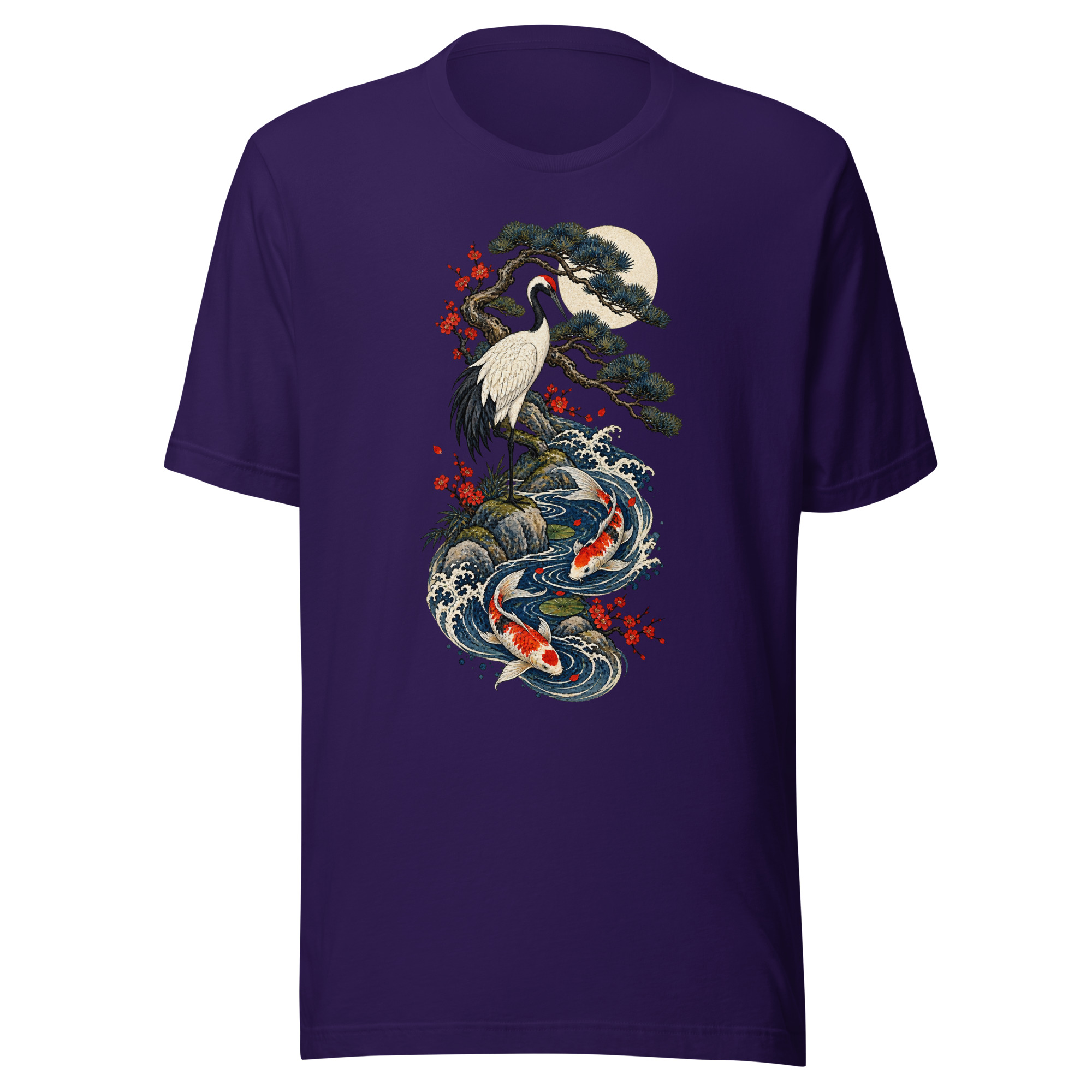Crane Pine Koi Garden Japanese Woodblock Art T-Shirt - Image 5