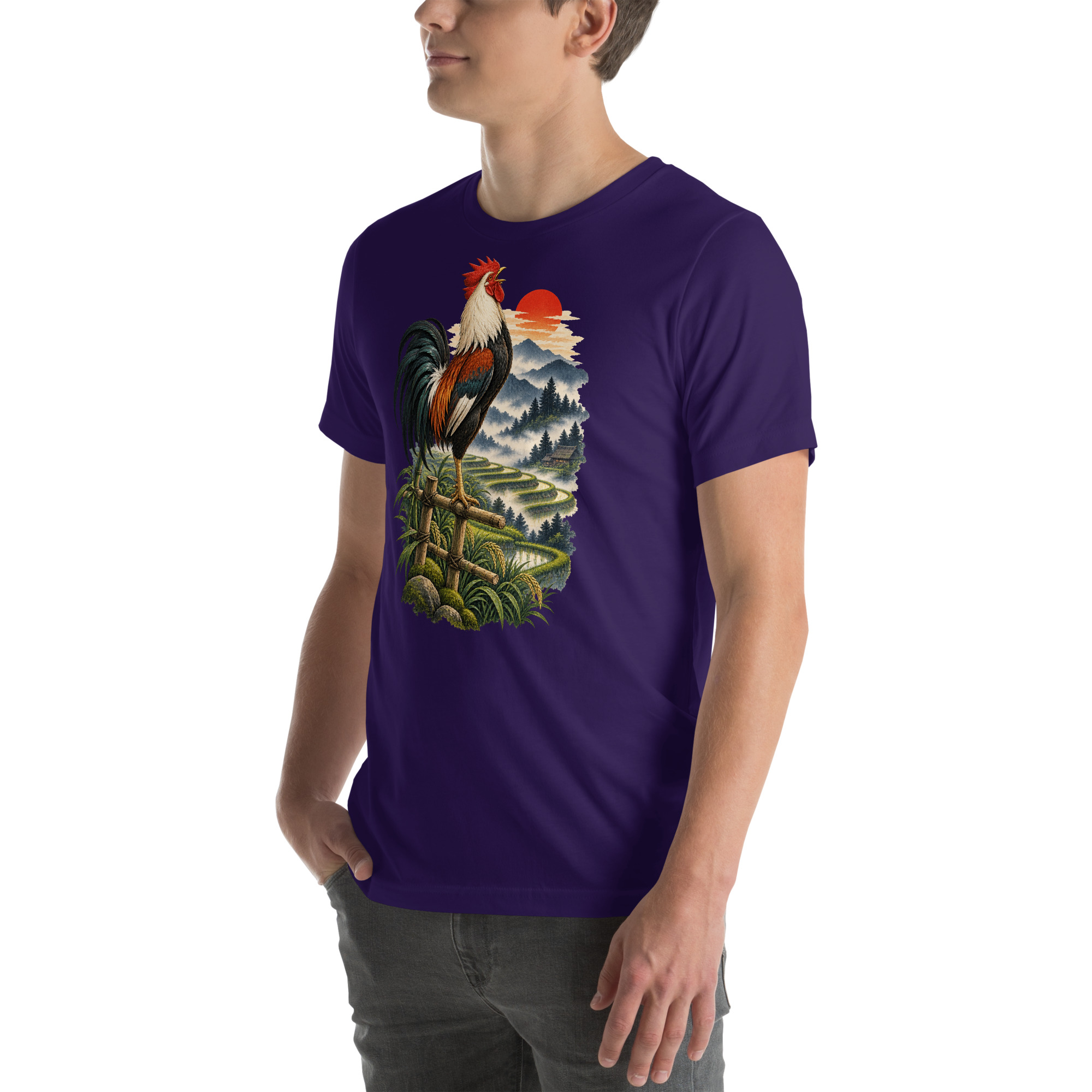 Japanese Rooster Rice Terrace Sunrise Art, Japanese Art Tee, Mythology Gift - Image 100