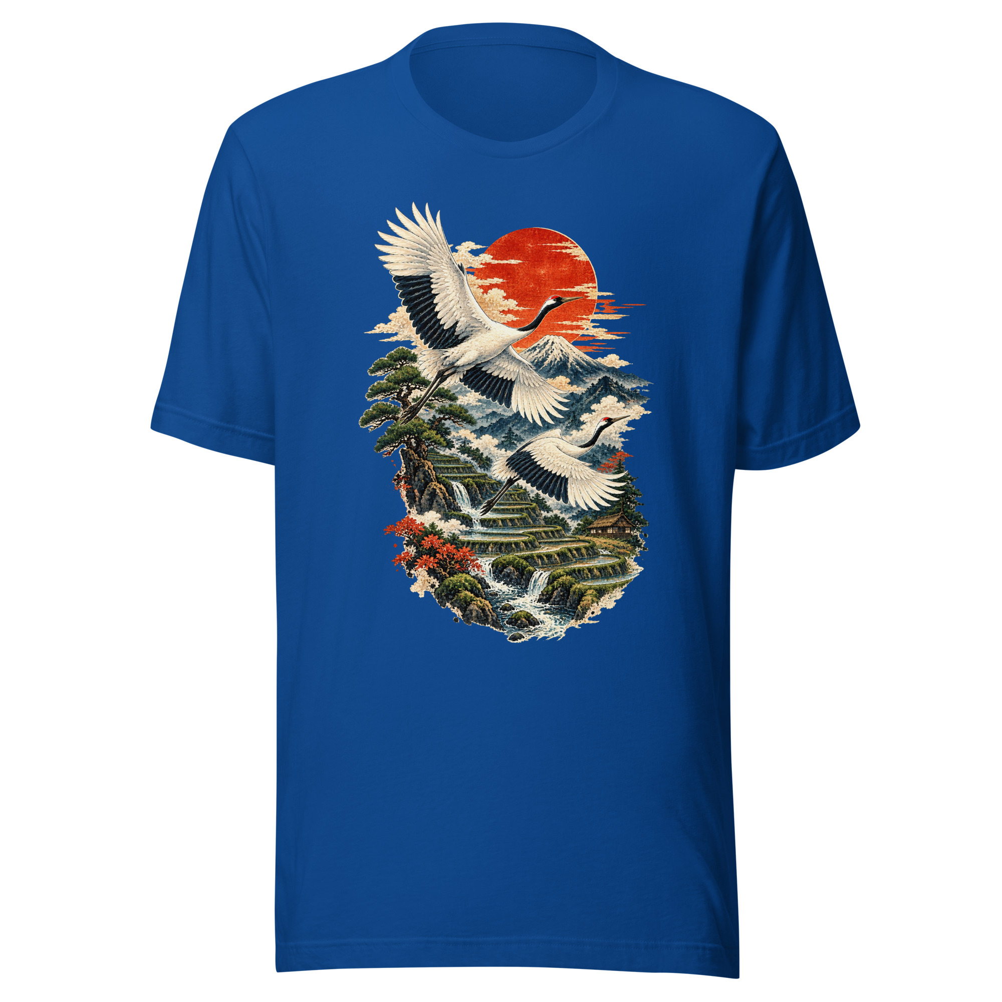 Two Cranes Red Sun Rice Terrace Japanese Art T-Shirt - Image 4