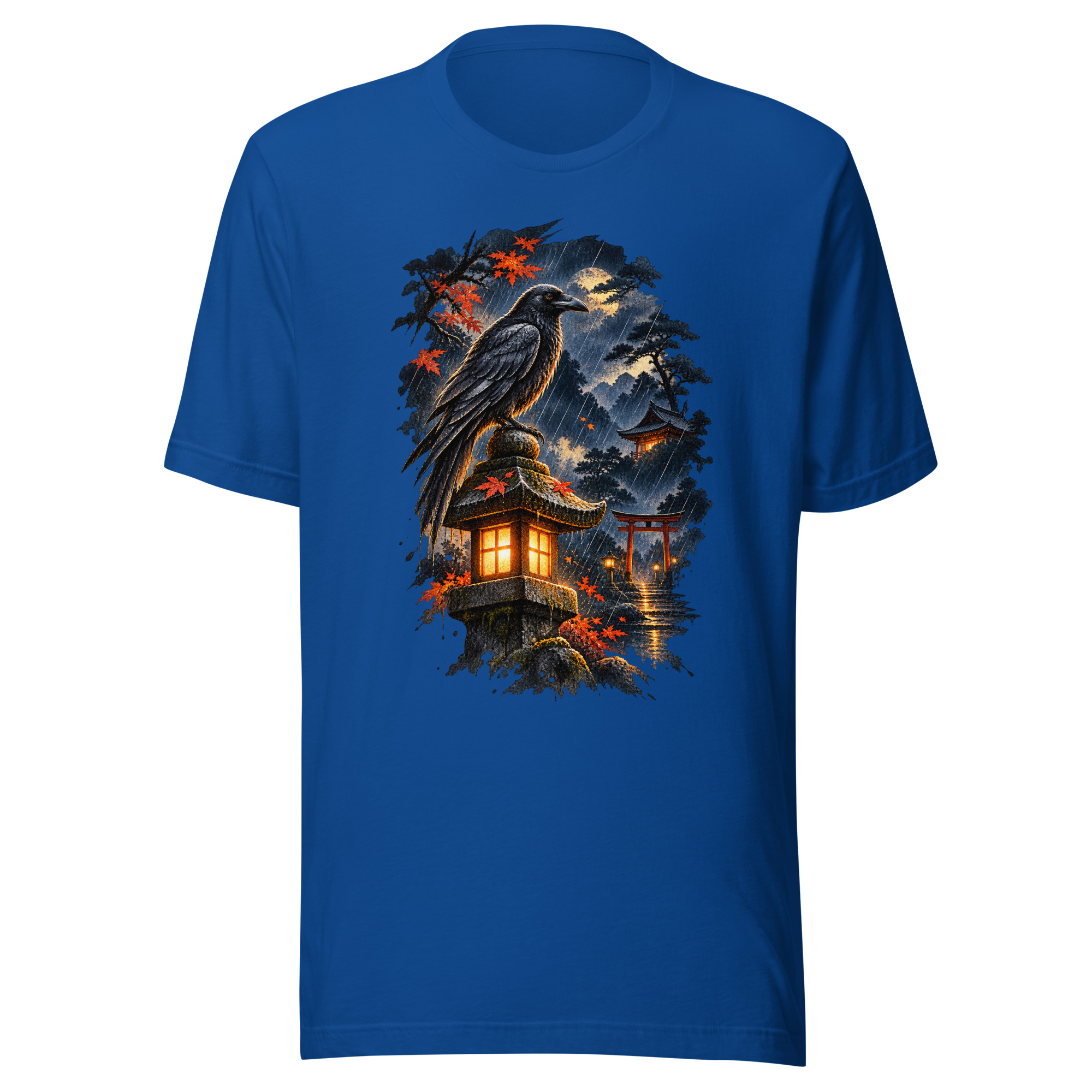 Raven Rain Lantern Shrine Japanese Ink Art T-Shirt - Image 4