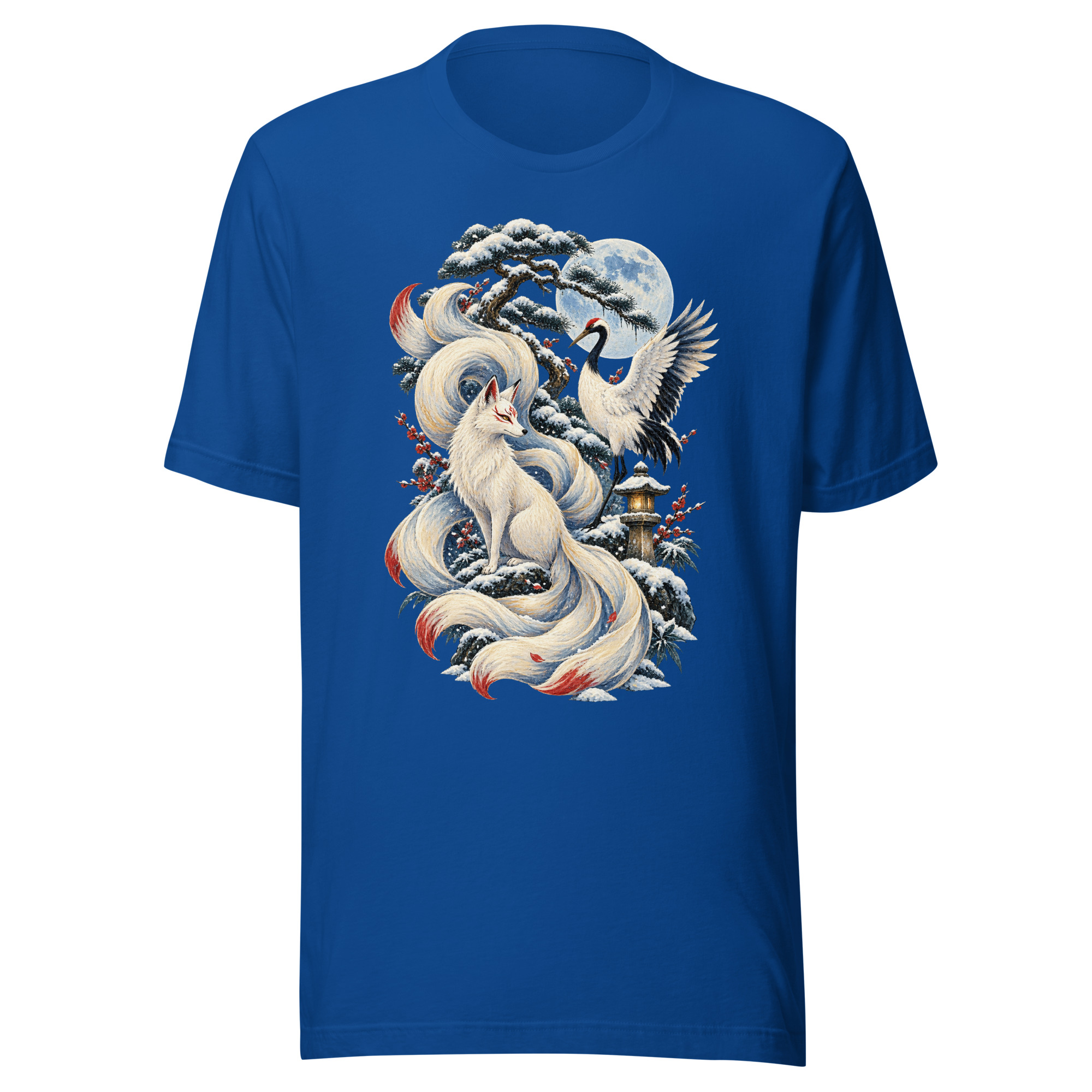 Kitsune Winter Crane Garden Japanese Folklore T-Shirt - Image 4