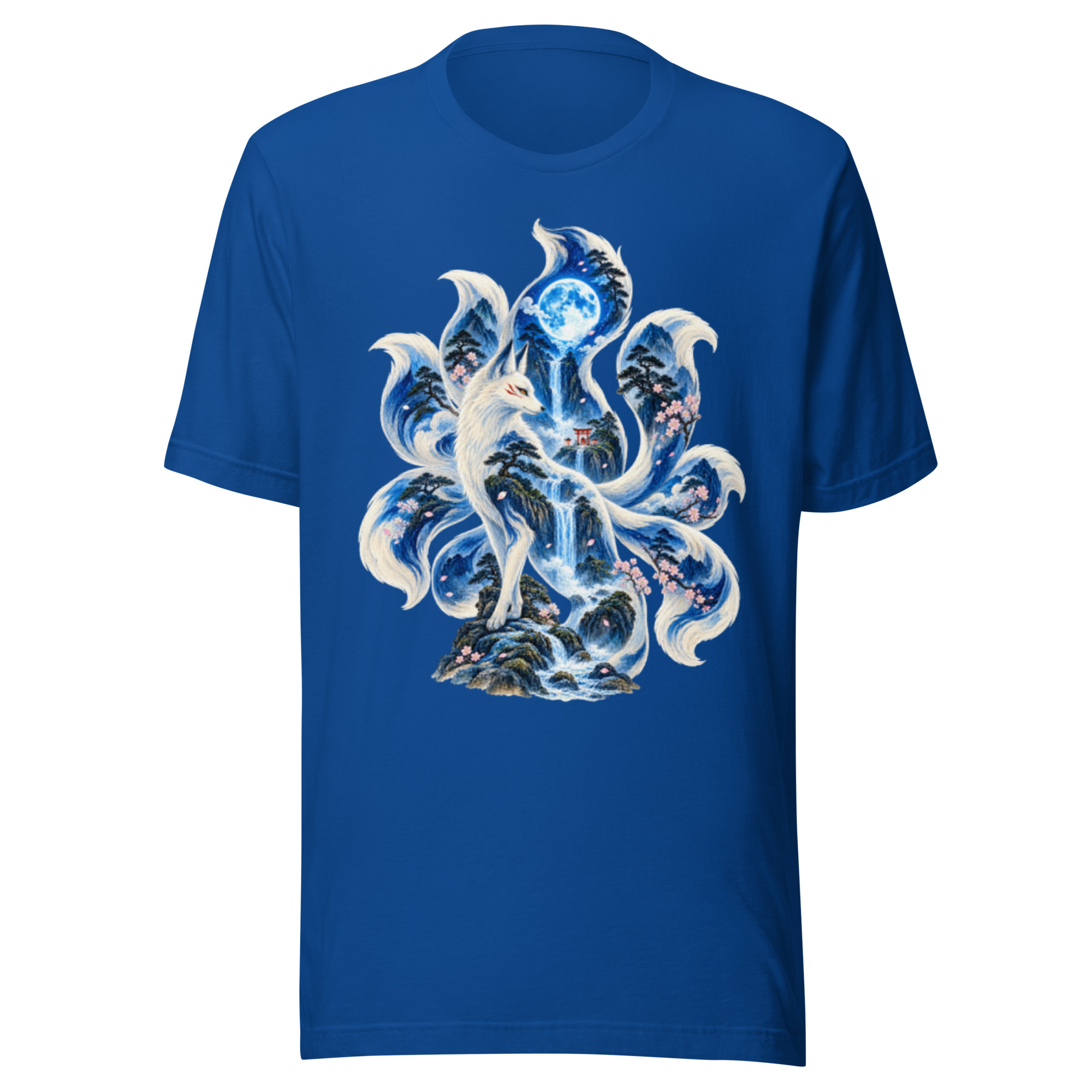 Nine Tailed Fox Blue Moon Waterfall Japanese Yokai T-Shirt - Image 4