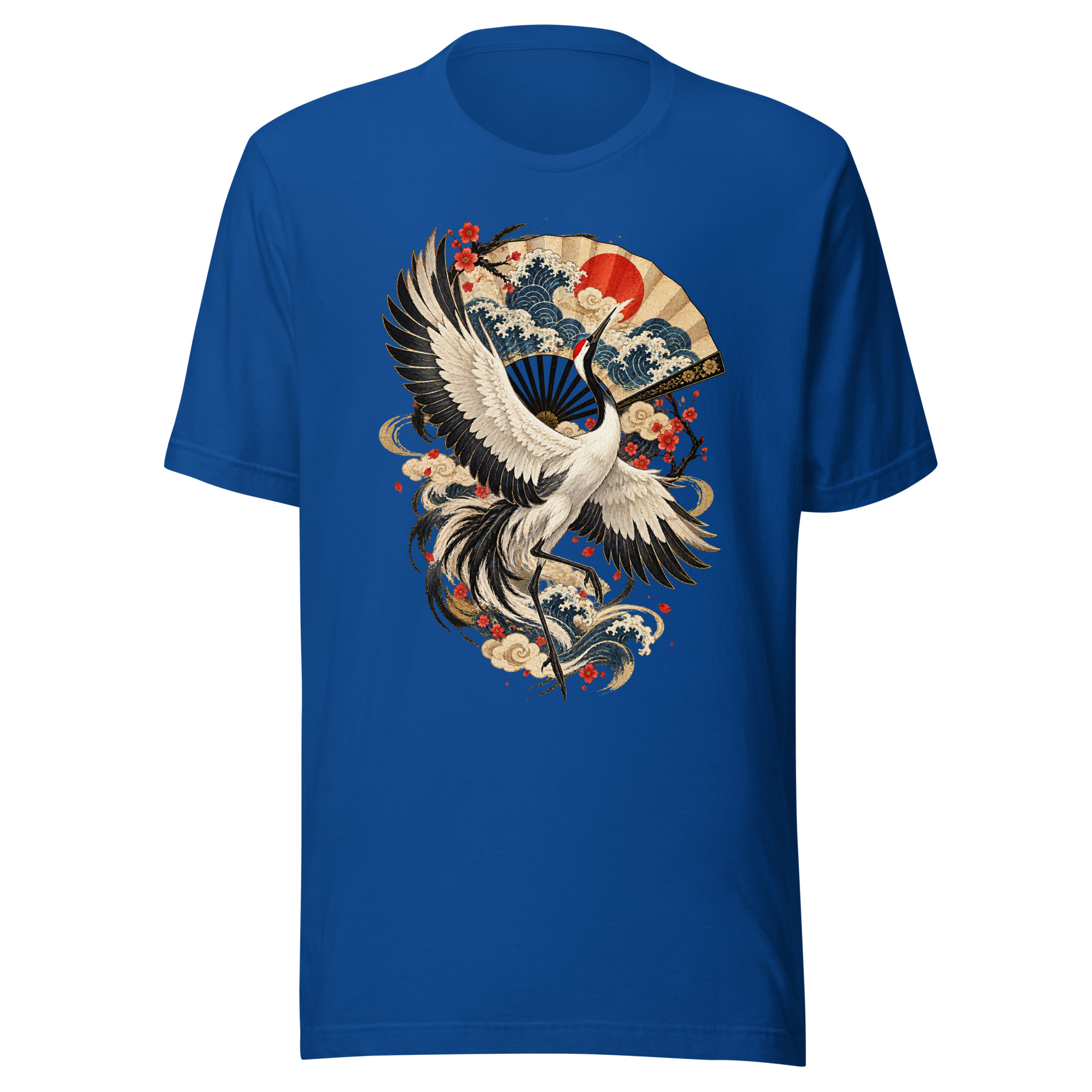 Crane Folding Fan Dance Japanese Woodblock Art T-Shirt - Image 4