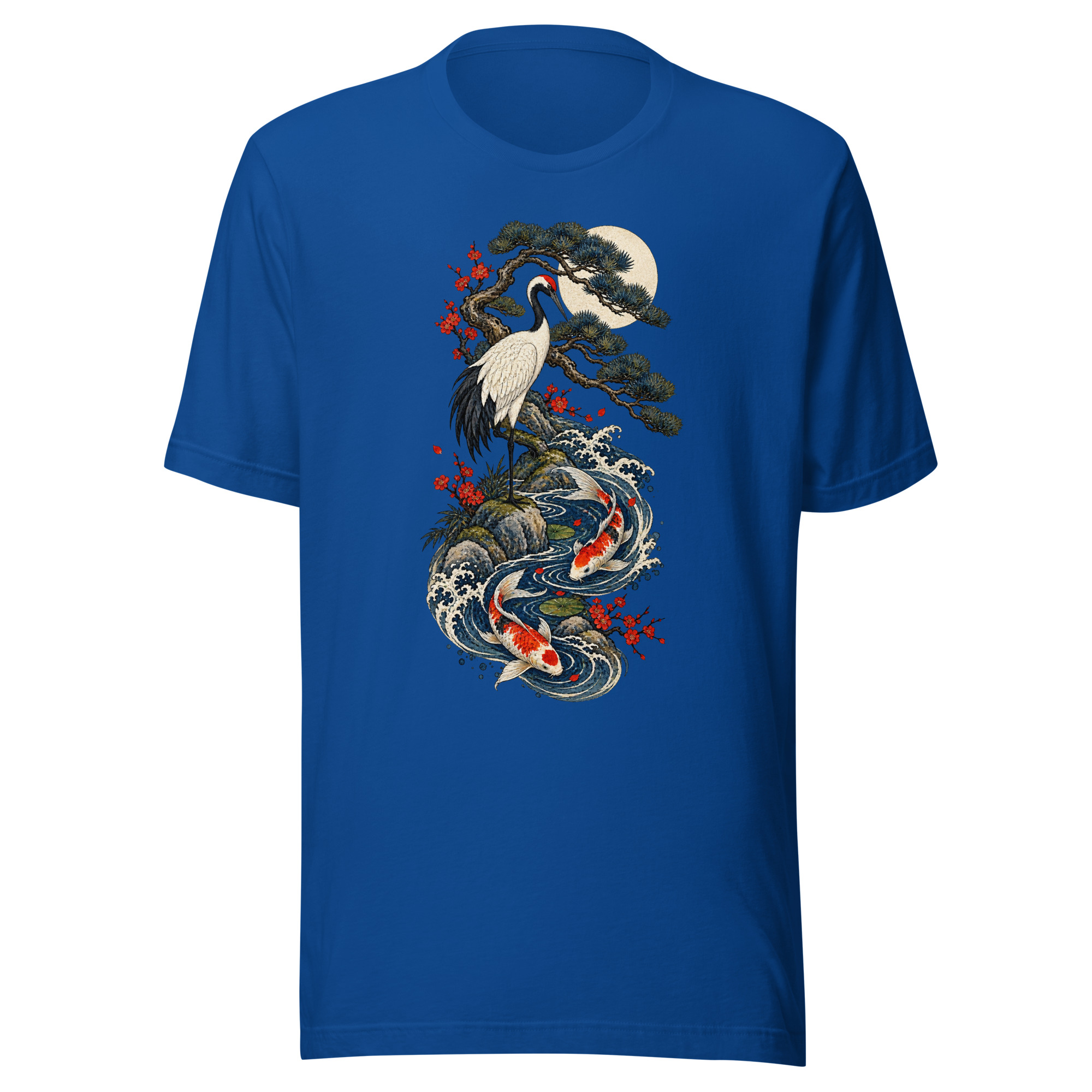 Crane Pine Koi Garden Japanese Woodblock Art T-Shirt - Image 4